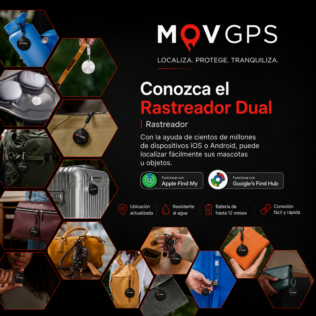 Localizador GPS MOVGPS 360° - Mascotas, Autos, Bolsos y Llaves - Anti Robo y Anti Pérdida