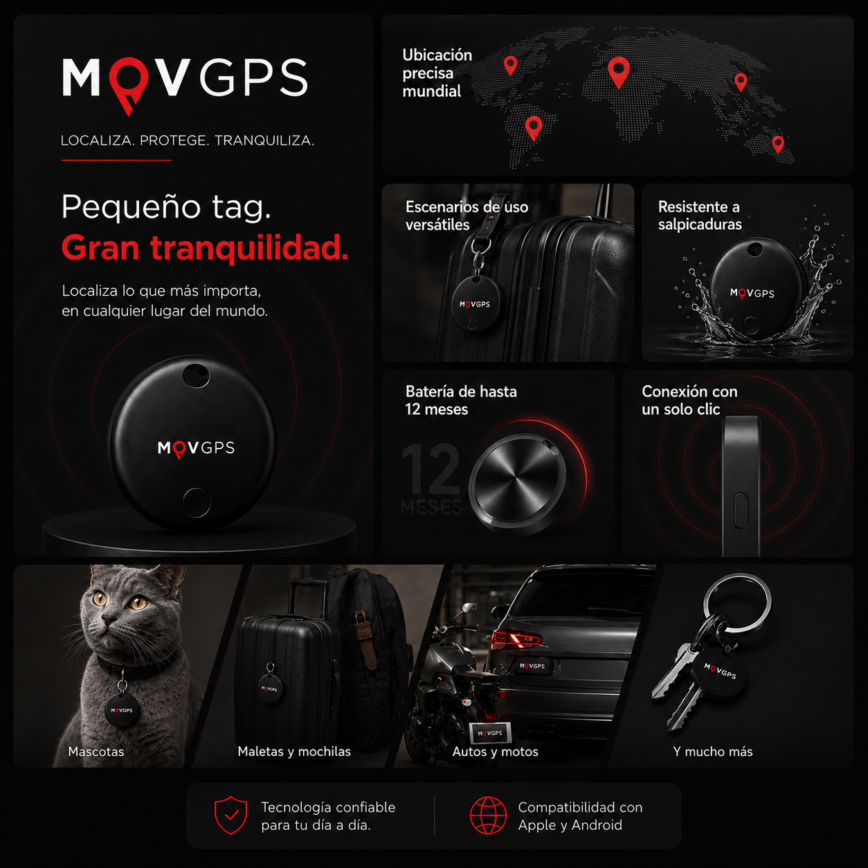 Localizador GPS MOVGPS 360° - Mascotas, Autos, Bolsos y Llaves - Anti Robo y Anti Pérdida