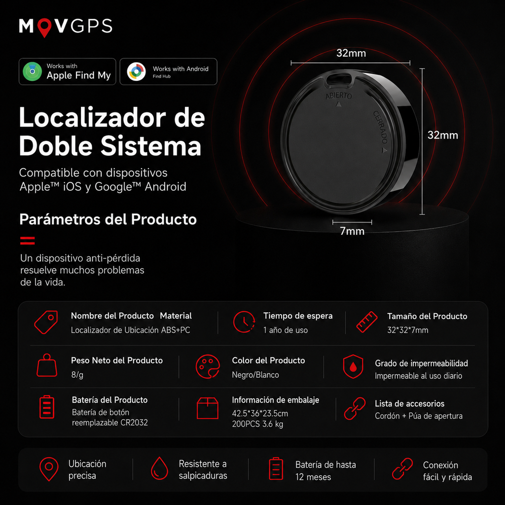 Localizador GPS MOVGPS 360° - Mascotas, Autos, Bolsos y Llaves - Anti Robo y Anti Pérdida