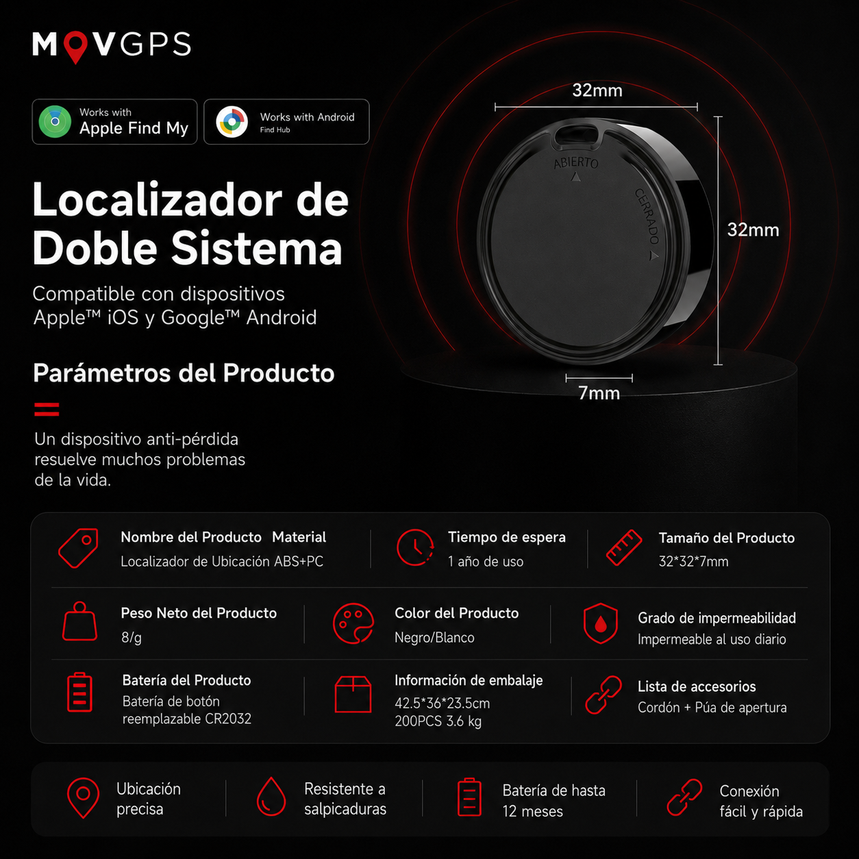Localizador GPS MOVGPS 360° - Mascotas, Autos, Bolsos y Llaves - Anti Robo y Anti Pérdida